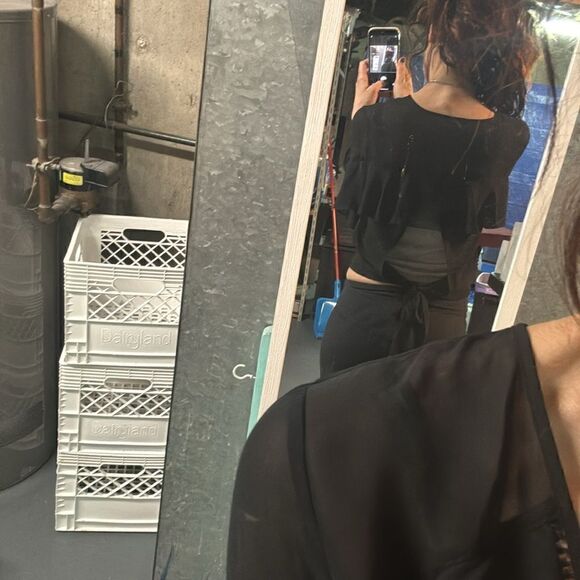 Black Sheer Marciano Bell Sleeve Ruffle Blouse - Picture 2 of 9